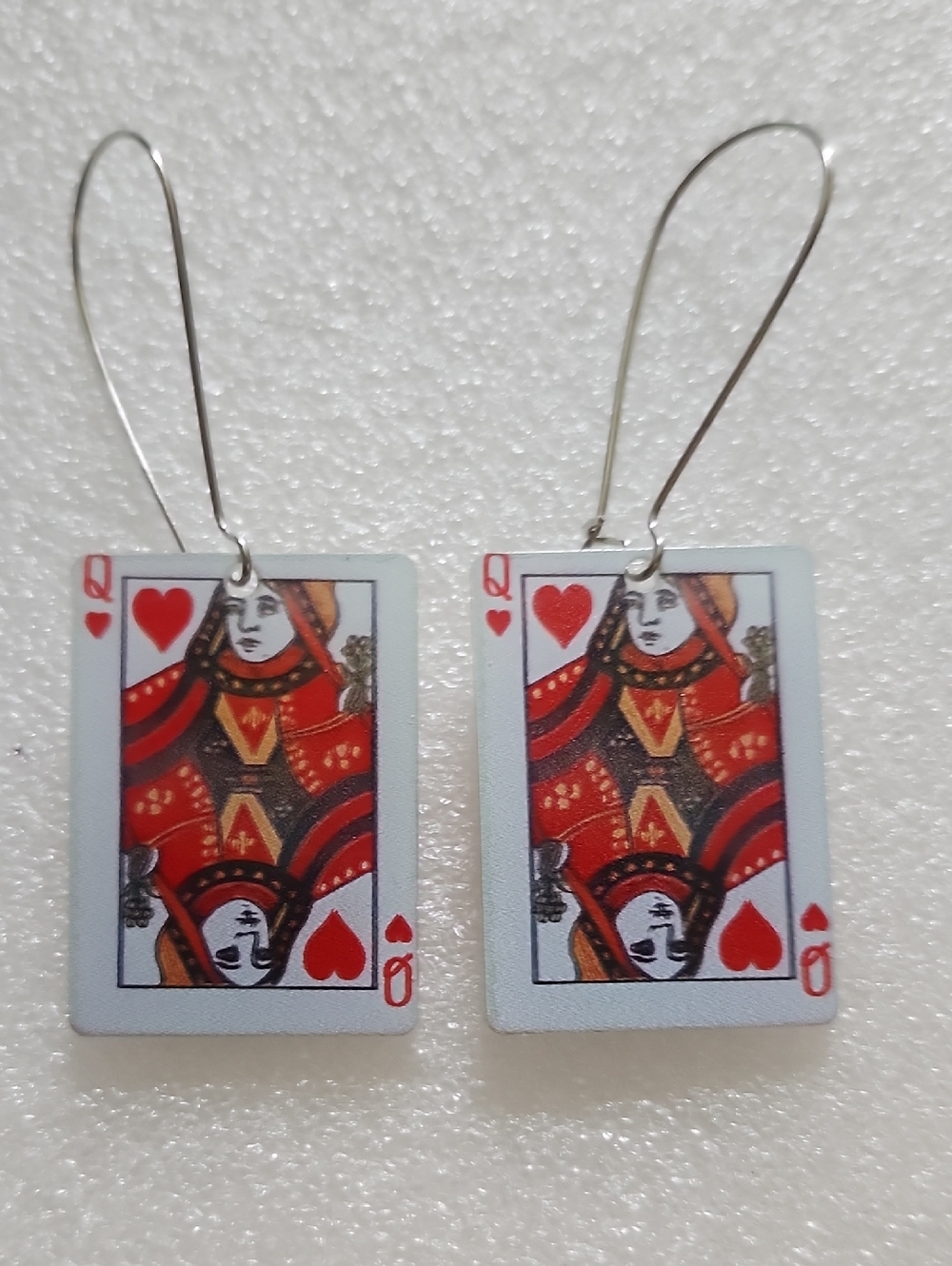 Hand Crafted Red and White Queen of Hearts Card Dangle Earrings